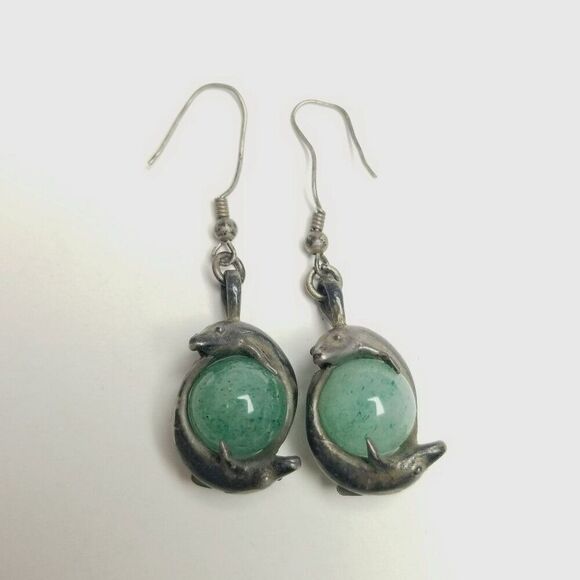 Vintage Dolphin Green Ball Dangle Earrings, Silver Tone Tarnished, 80s 90s Style - Picture 8 of 8
